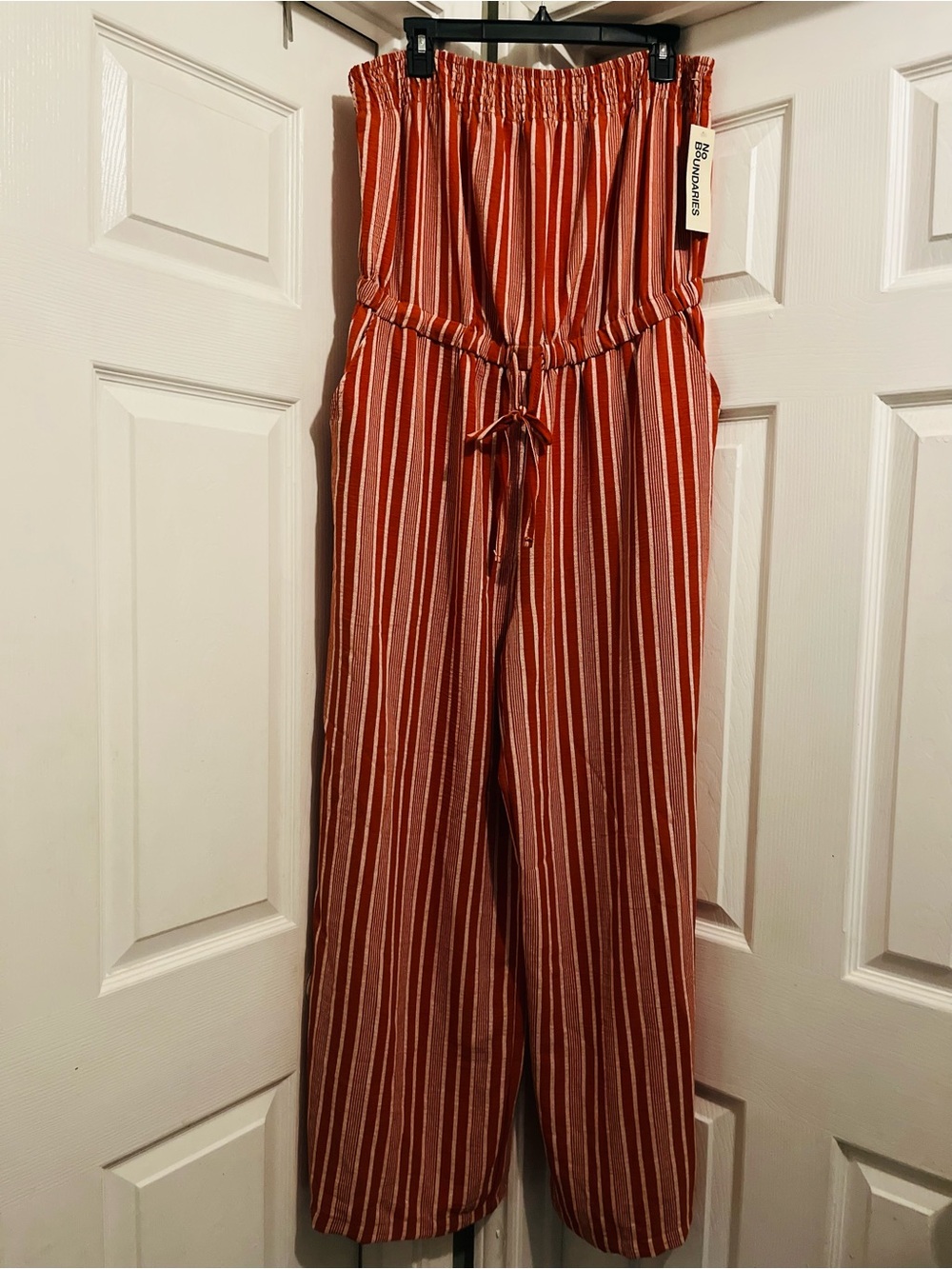 No Boundaries Rust and White Striped Wide‑Leg Jumpsuit